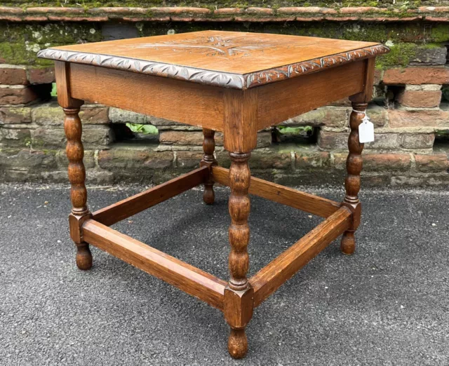 Square Vintage Oak Occasional Side Table With Bobbin Turned Legs & Carved Top