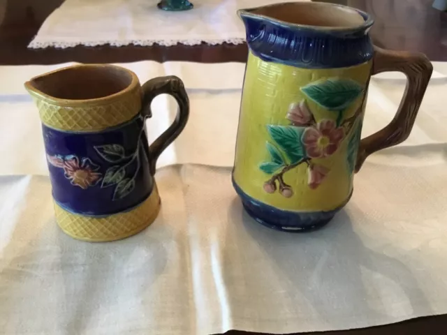 Two Antique Victorian Majolica Small Pitchers