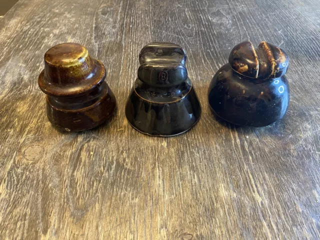 3 Vintage Ceramic Dark Brown Insulator Ceramic Porcelain Glass Electric Antique
