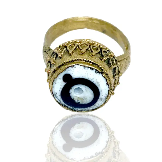 Ancient Tibetan DZI Beads Old Agate 1 Eye Totem Inlay Gold color Ring Amulet DZI