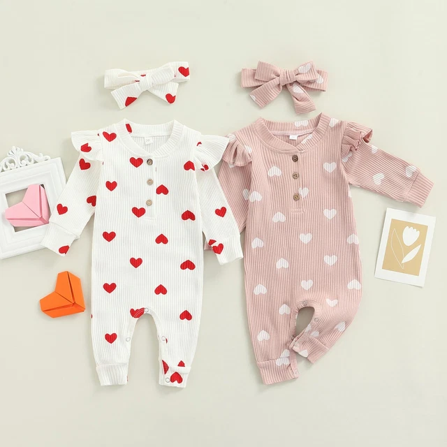 Set Heart Print Long Sleeve Crew Neck Romper and Bow Knot Headdress Pink/ White