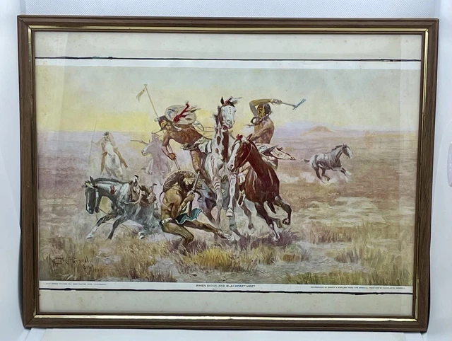“When Sioux And Blackfeet Meet”, Original Print By Charles M. Russel 1908 (J5)