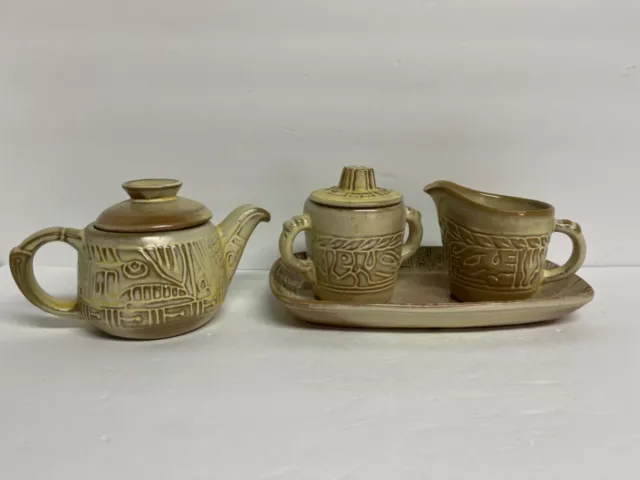 Desert Gold Aztec Mayan Frankoma Set Creamer Teapot Sugar & Tray 7A, 7B, 7PS, 7J