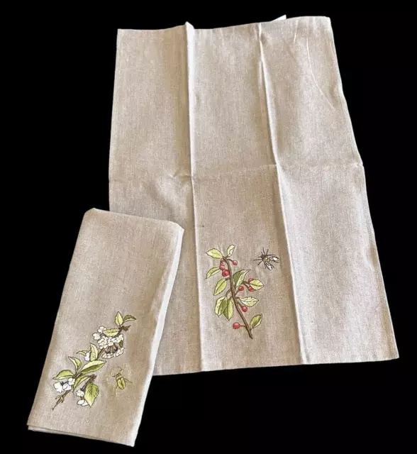 2 POTTERY BARN FLAX Linen Blend Blossom Fruit w Insects Embroidered ...