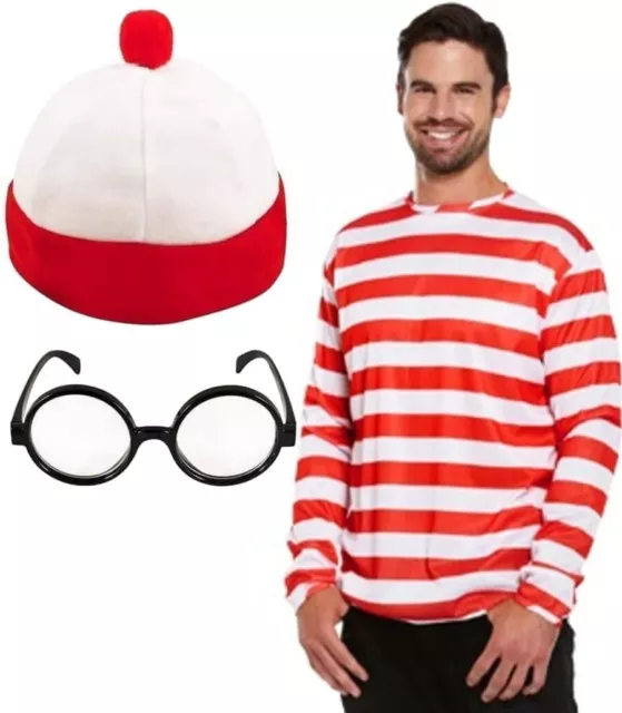 Mens Where's Wally Fancy Dress Shirt Hat Glasses Stag Do Party Book Week Costume