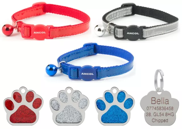 Cat Collar Ancol Reflective Gloss, Red, Blue Or Silver With 27mm Glitter Id Tag