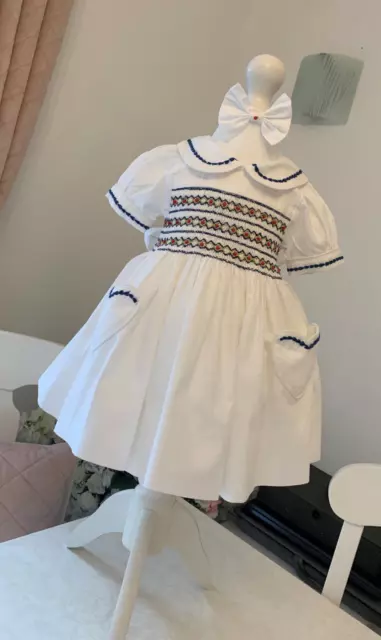 Baby Girls White Cotton Smocked Dress navy and gold detail 6m-4y Christmas Dress