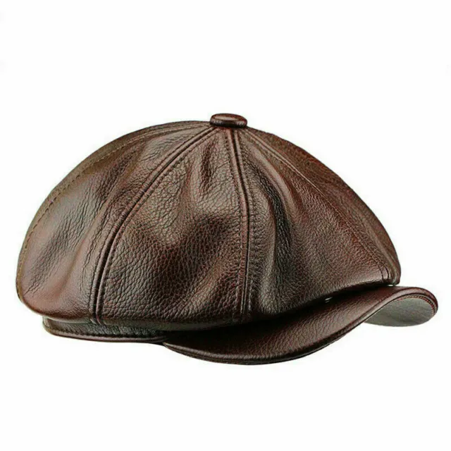 Men Vintage Real Leather Painter Beret Hats Octagonal Newsboy Cap Ivy Flat Hat