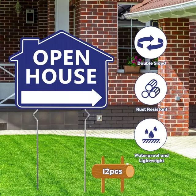 12 Pack Open House Signs with Stakes for Estate 12 X 16 Inch Large Double Sided 3