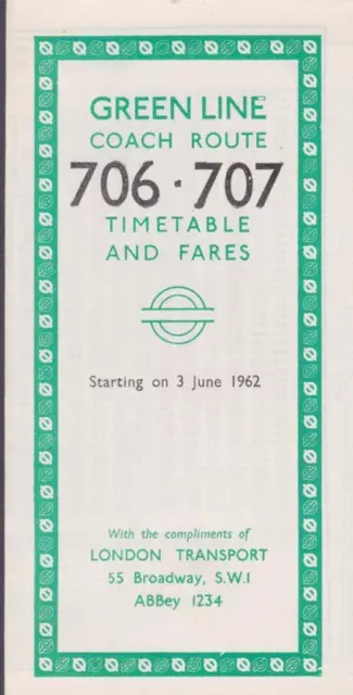London Transport Green Line Coach Route 706 Bus Timetable Lft Jun 1962