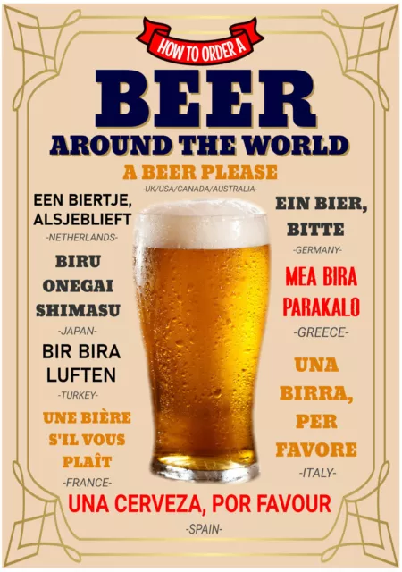 Beer Around The World Poster How to order Language Vintage Retro Wall Art A3/A4
