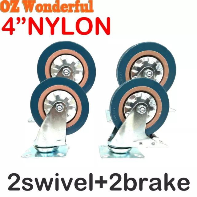 Nylon 4x4 Inch Swivel Casters Wheels Heavy Duty Plate Casters with Brake