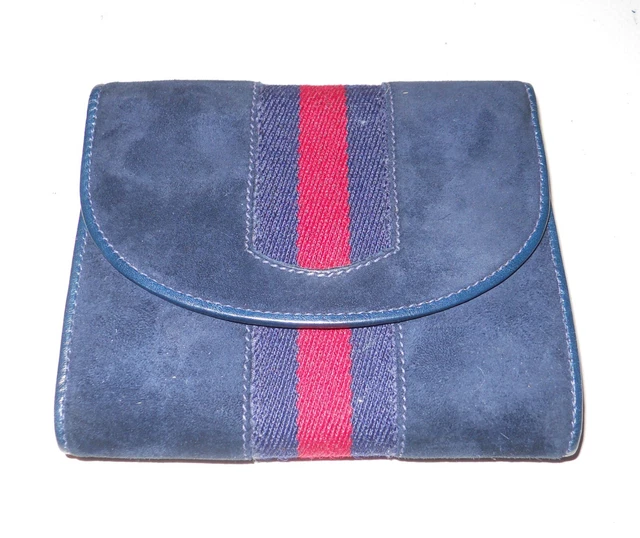 Vintage Gucci Women's Navy Blue Suede/Leather Kisslock Tri-Fold Wallet-Italy-Wow