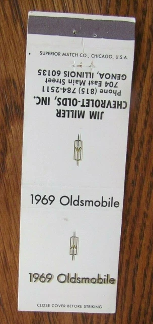 1969 Jim Miller Oldsmobile Chevrolet Car Dealer Matchcover (Genoa, Illinois) E16