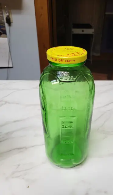 Vintage Embossed Green Glass 40oz Water Juice Refrigerator Jar with lid