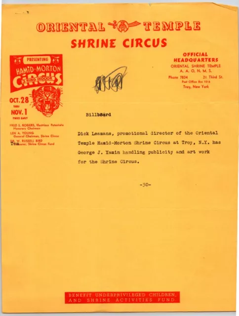 Oriental Temple Shrine Hamid Morton Circus Letterhead c1960's