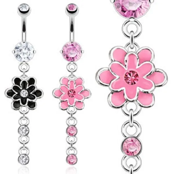 316L Surgical Steel Navel Layered Epoxy Flower with CZ Dangle Navel Belly Ring