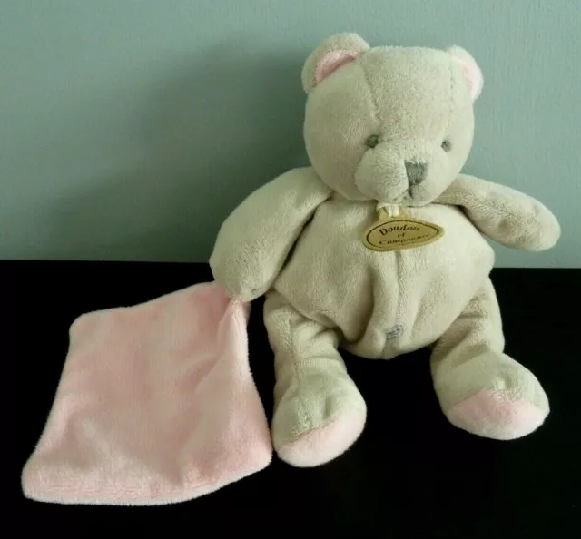 *. Doudou Et Compagnie Peluche Ours Bonbon Gris Mouchoir Rose Billes 18C Neuf*