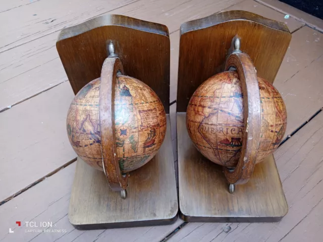 old world globe book ends made in italy wooden spinning vintage