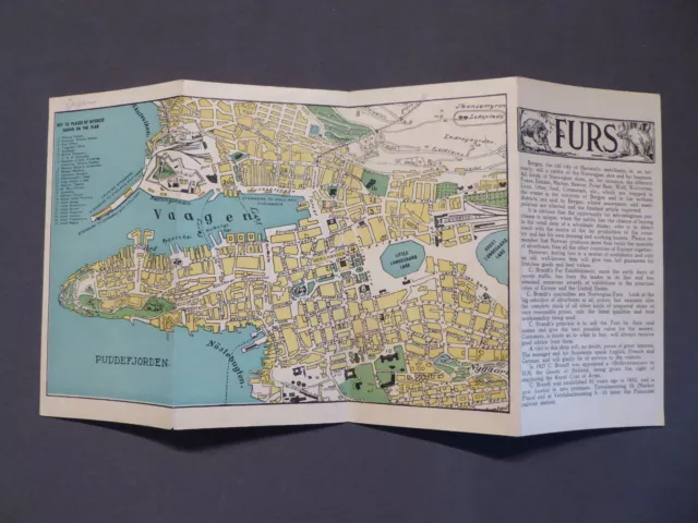 Landkarte, Stadtplan von Bergen in Norwegen, Beschreibung, Reklame, 1927