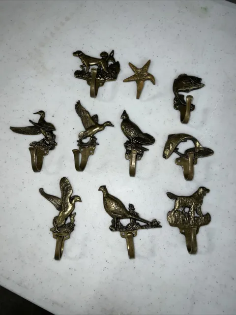 vintage brass wall coat hooks - hunting and fishing