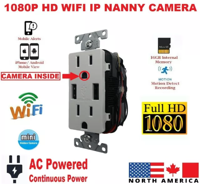 New 1080P HD WIFI IP Motion Nanny Bush Baby Camera AC USB Wall Outlet Receptacle