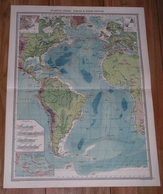 1908 ANTIQUE PHYSICAL Map Of Atlantic Ocean / Ocean Depths America ...