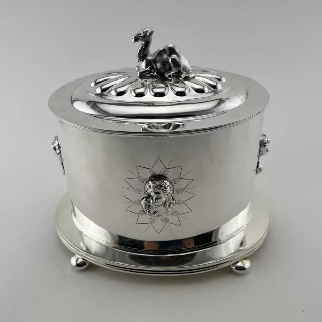 Victorian Oval Silver Plated Biscuit Box or Barrel with Camel Finial