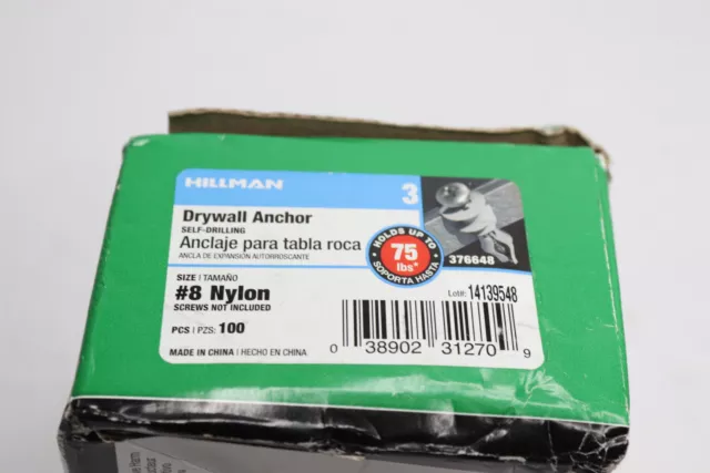 (100-Pk) Hillman Ribbed Head Drywall Anchors Nylon 1.5" 376648