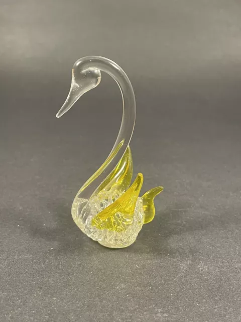Hand Blown Lampwork Art Glass Miniature Swan Figurine Clear And Yellow 3”
