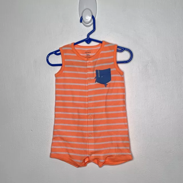 Carters Striped Neon Sleeveless Romper Baby Size 9 Months Orange Whale One Piece