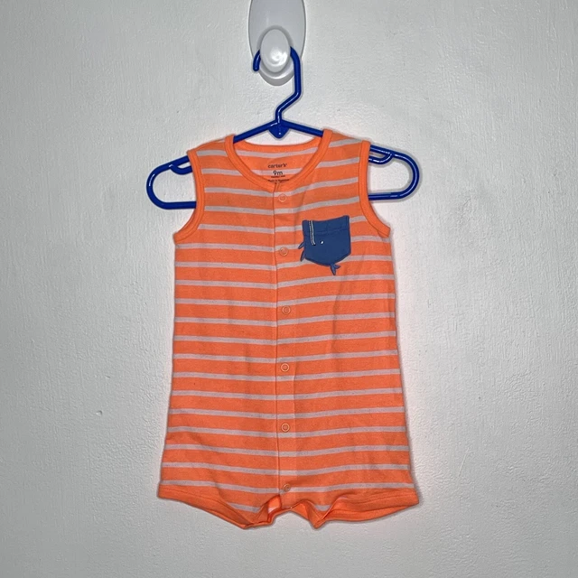 Carters Striped Neon Sleeveless Romper Baby Size 9 Months Orange Whale One Piece