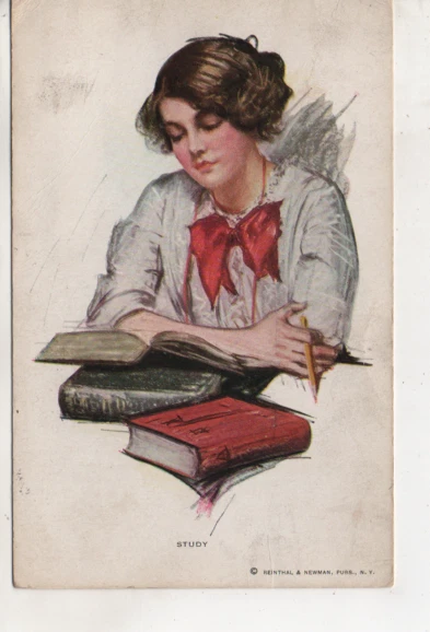Cpa.Illustrateur non signé.femme avec livres.Study