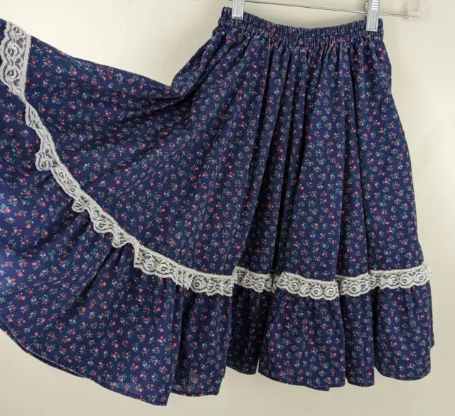 Vtg Girls Gunne Sax Style Prairie Skirt Full Circle Blue Floral Cotton 22" Waist