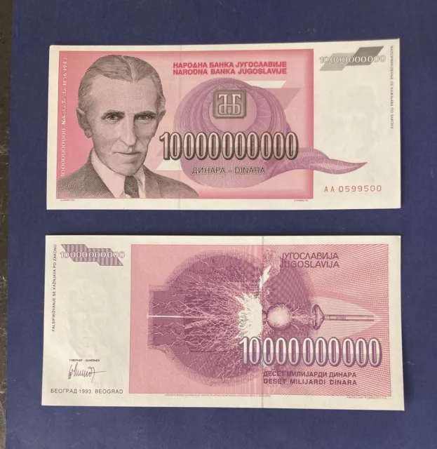 1x Yugoslavia 10 Billion Dinars Dinara  1993 – UNC - Hyperinflation - Tesla