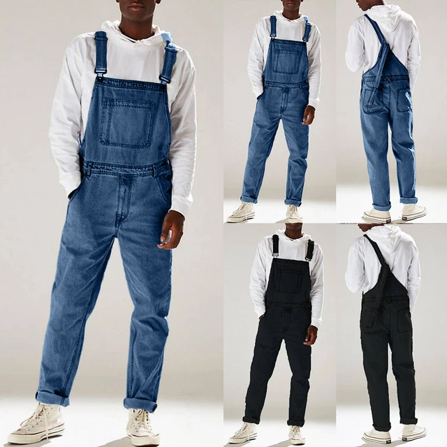 Cheap Men Soft Breathable Denim Jumpsuit Suspender Long Pants Non-Fading  Solid Color Multi-pocket Denim Bib Overalls | Joom