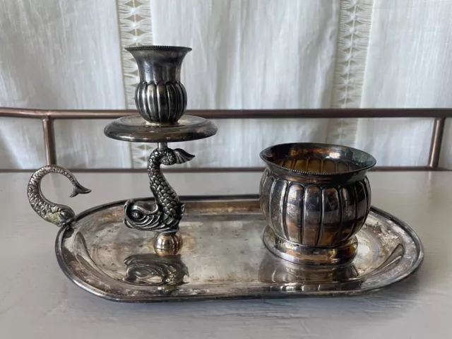 Antique Silver Plated Chamberstick and Match Holder with Dolphin Handle