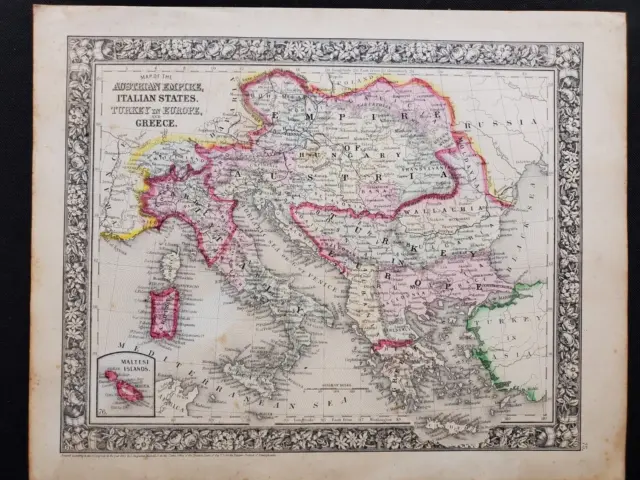 1860 Mitchell Map Balkans Greece Italy Austria Malta Europe - Original Antique