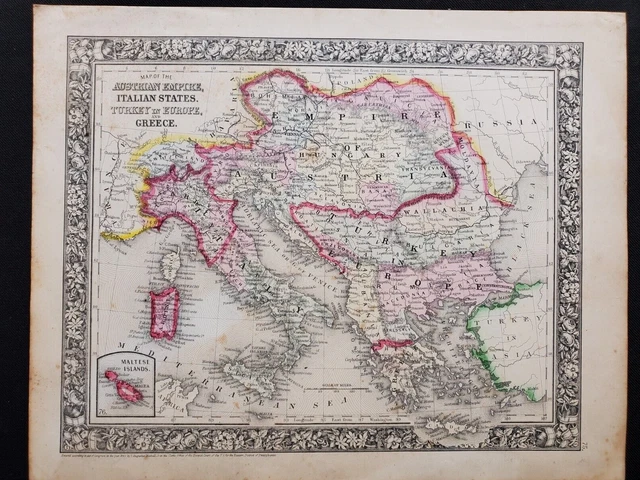1860 Mitchell Map Balkans Greece Italy Austria Malta Europe - Original Antique