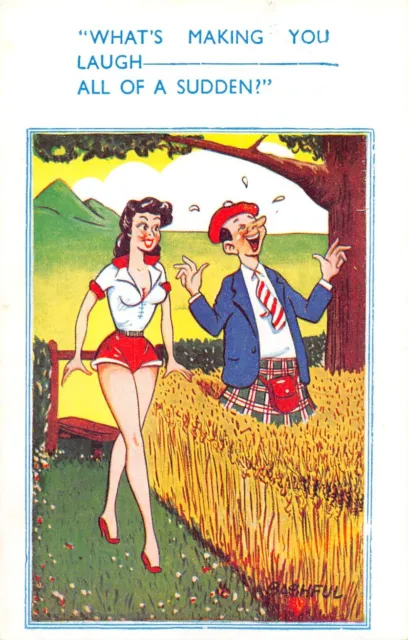 Postcard  Comic Risque Girl Boobs Scotsman Kilt Corn Field Laugh