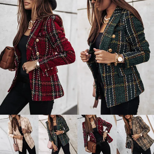 Women's Long Sleeve Plaid Blazer Suit Jacket Ladies Double Breasted Formal Coat