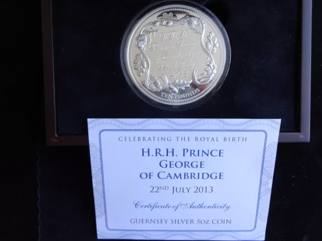 2013 Silver Proof 5Oz Guernsey £10 Coin Box + Coa Birth Of Prince George 1/450