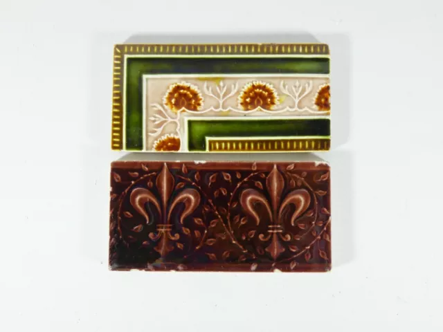 Antique Vintage Pair of English Majolica Fireplace Tiles Washstand Border Subway