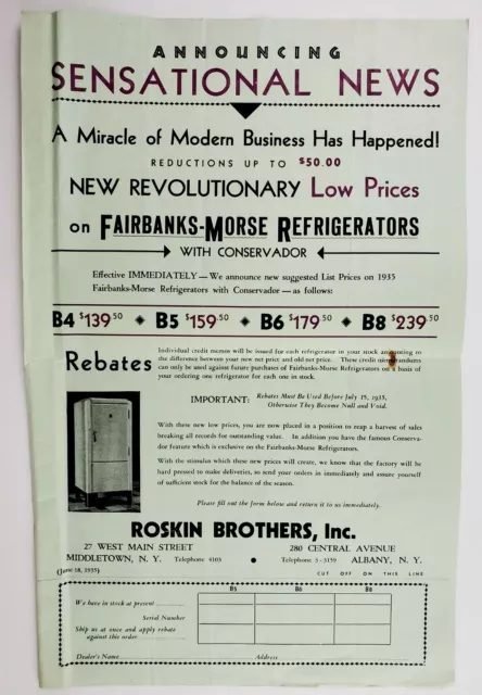 1930s Fairbanks Morse Refrigerators Poster Dealer Order Form Roskin Albany NY