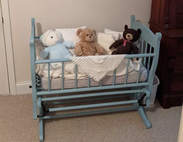 Antique CRADLE wood Sears Roebuck blue with mattress
