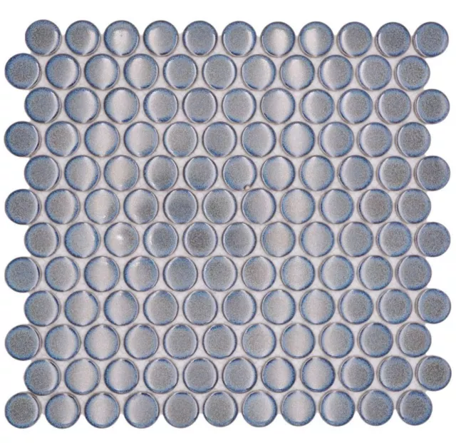 Azulejos de mosaico de cerámica botón Loop Penny redondo liso azul gris antracita | 10 alfombras