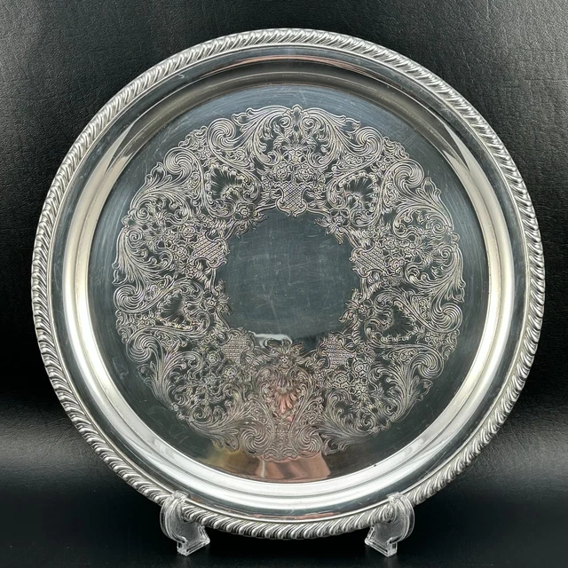 Wm Rogers Silverplate Tray 171 Round Etched Scrolls Rope Edge 12 inch Vintage