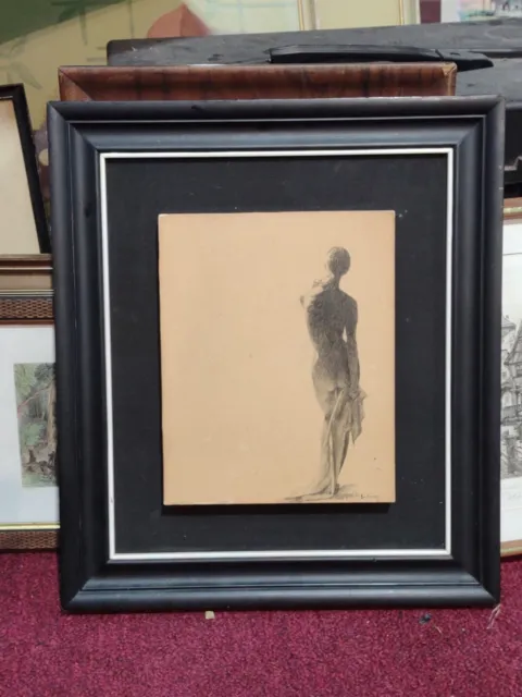 Mid Century Pencil Nude Woman Signed Framed 16"X18"