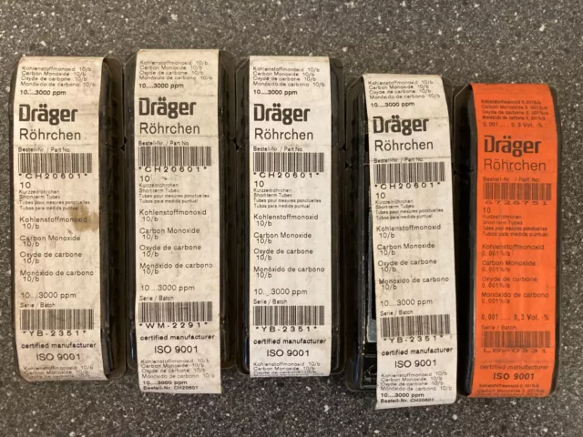 Lot of 5 x 10 Dräger Carbon Monoxide test tubes - Never used, but ALL EXPIRED!