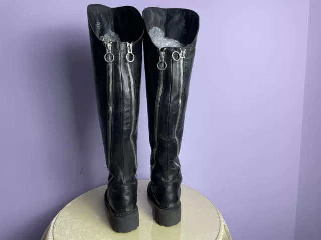 ASH Seven Over The Knee Boots, Tall Black Leather BOOTS, DOUBLE ZIP UP, Size 8.5